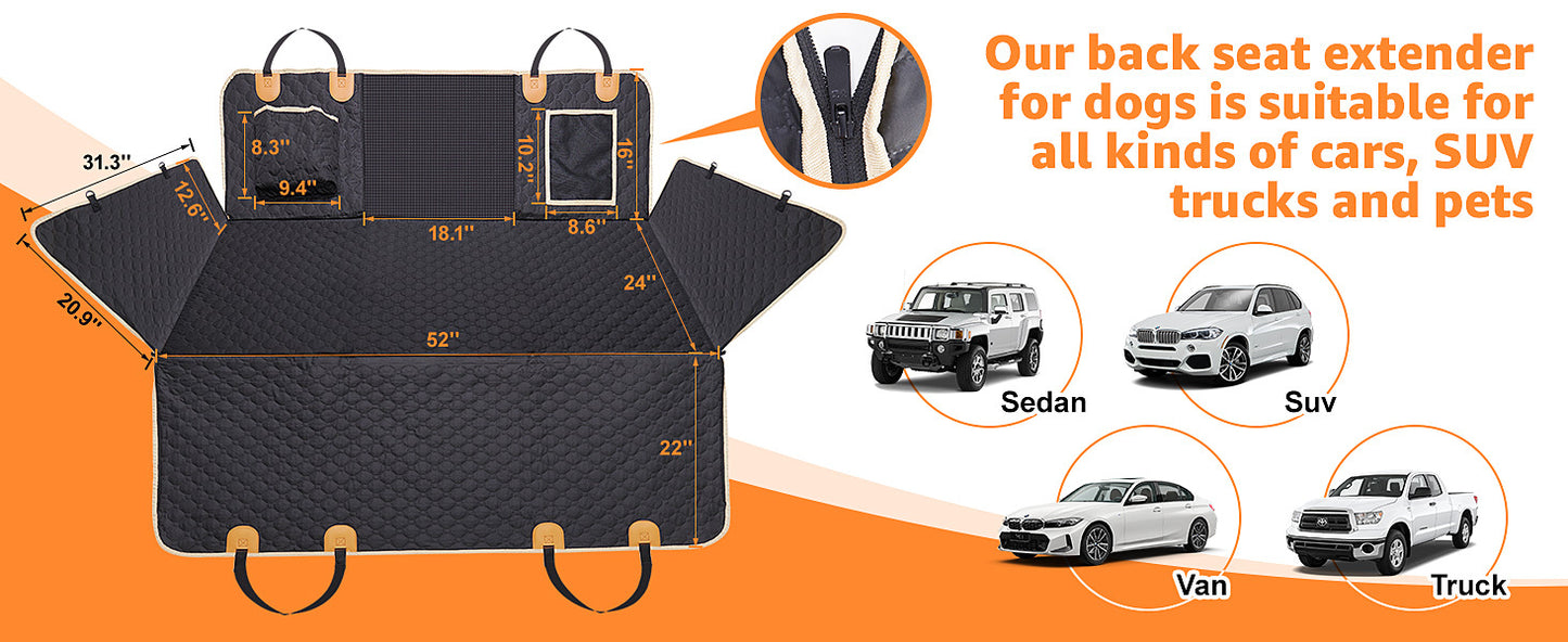 Back Seat Extender For Dogs Waterproof Dog Car Seat Cover Hard Bottom-Detachable,600D Heavy Duty SmHammock For all car sizes