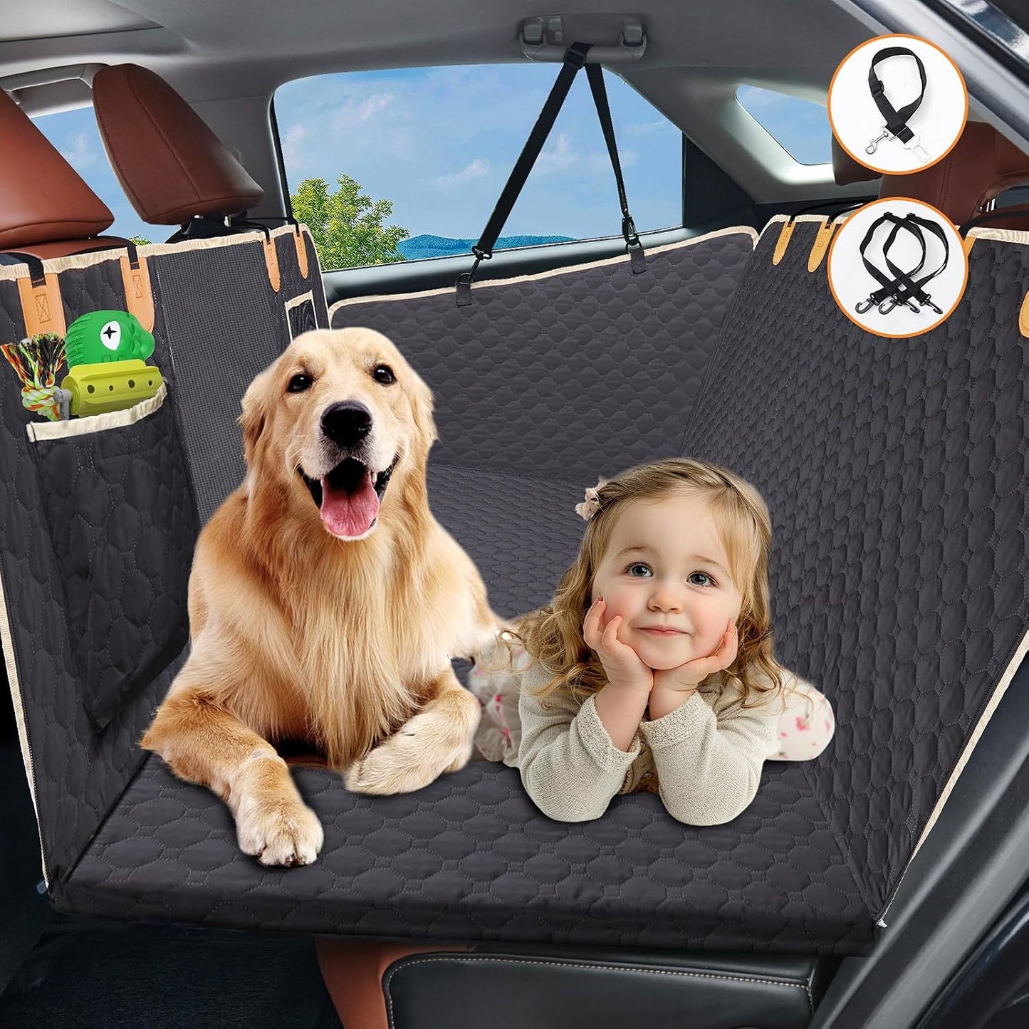 Back Seat Extender For Dogs Waterproof Dog Car Seat Cover Hard Bottom-Detachable,600D Heavy Duty SmHammock For all car sizes
